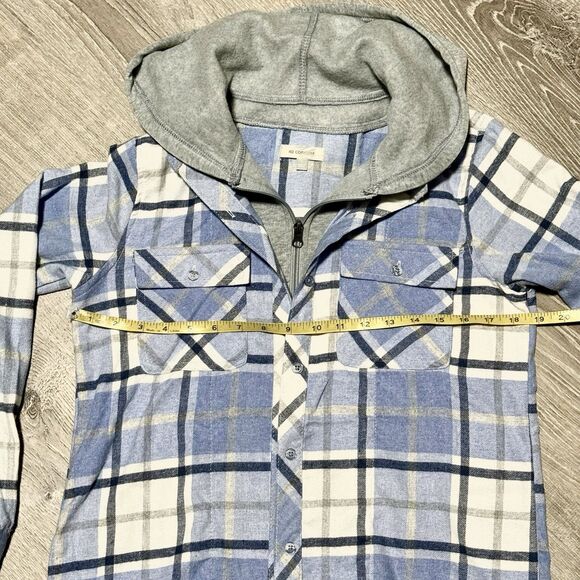 No Comment Hooded Flannel Shirt Women’s Size Small Blue Plaid Button Down - Picture 3 of 6